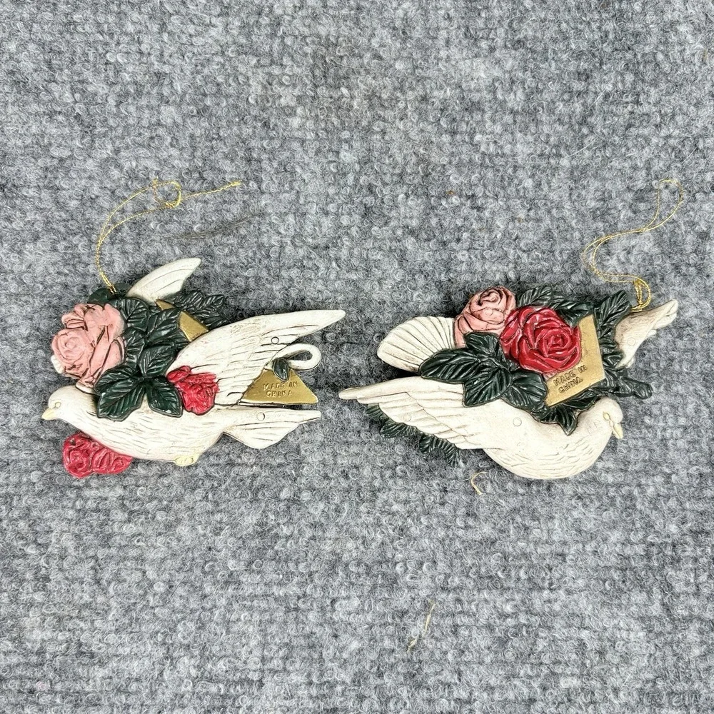 Vintage‎ 90s Y2K Dove Christmas Ornaments Lot 3pc Romantic Holiday Rose Violin